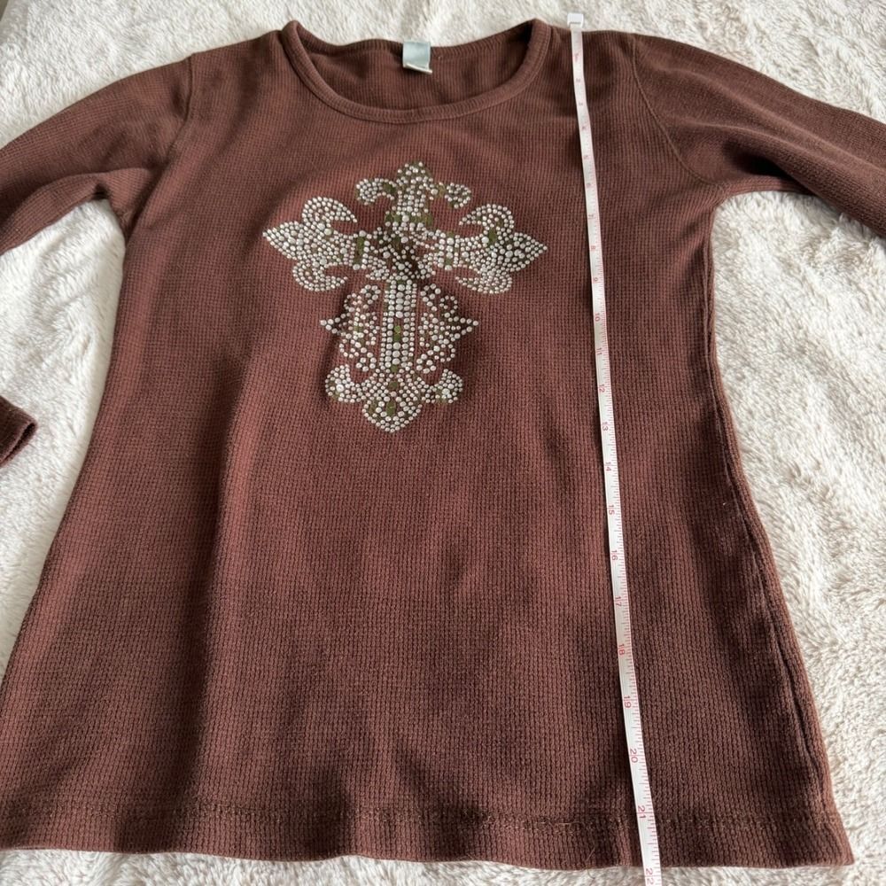 Vintage Waffle Knit Rhinestone Cross Long Sleeve Thermal Top Size Medium y2k - Picture 5 of 6